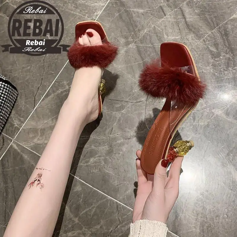 

Sexy Blue Fur Sandals Women Real Fox Fur Slides Home Furry High Heels Sandals Female Cute Fluffy Pvc Shoes Woman Brand Luxury