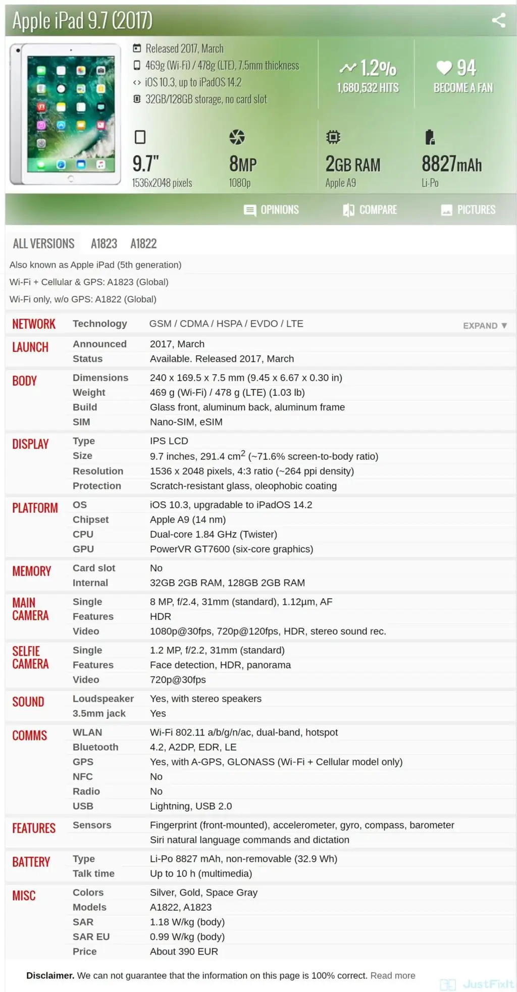 Оригинальный Восстановленный Apple IPad 5 ipad A1823 A1822 5th IPAD 2017 дюйма версия с Wi-Fi черный