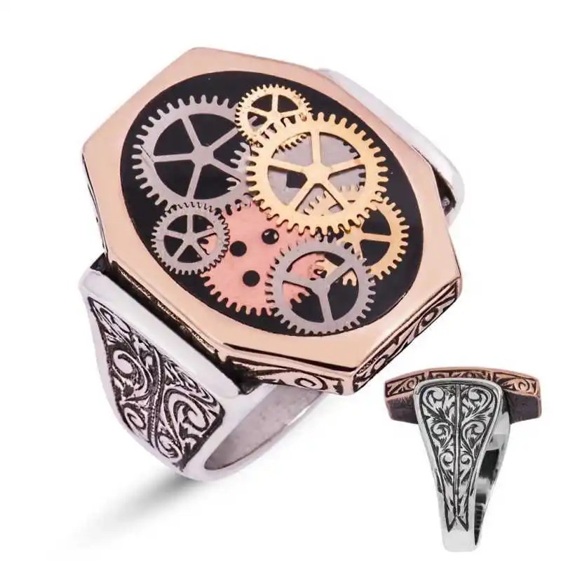 Silverlina Silver Black Clock Wheel Male Ring