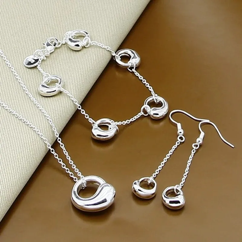 

925 Sterling Silver 18 Inch Chain Water Drops Pendant Necklace Bracelet Earring Set For Women Wedding Jewelry