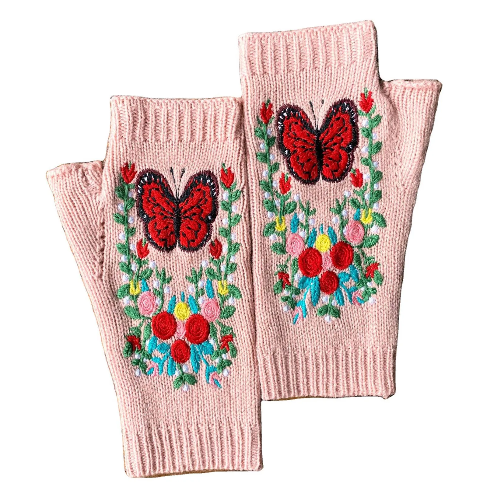 

Mittens Handmade Embroidery Gloves Autumn Winter Butterfly Flower Women's Warm Hand Hook Gloves Wool Knitted Adult Gloves