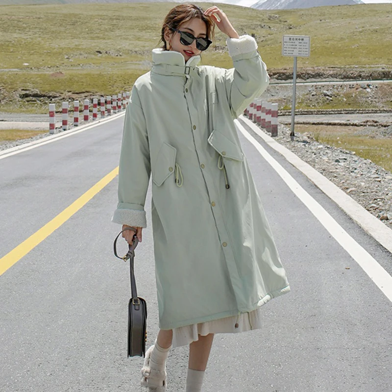 

Женская осенне-зимняя куртка, длинная флисовая парка в Корейском стиле с отложным воротником, однотонная Свободная Повседневная Верхняя од...