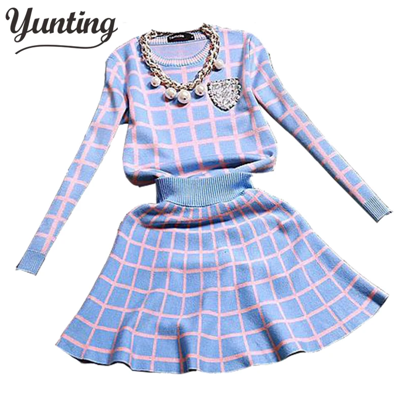 Женский трикотажный комплект из 2 предметов свитер с длинным рукавом и юбка милый