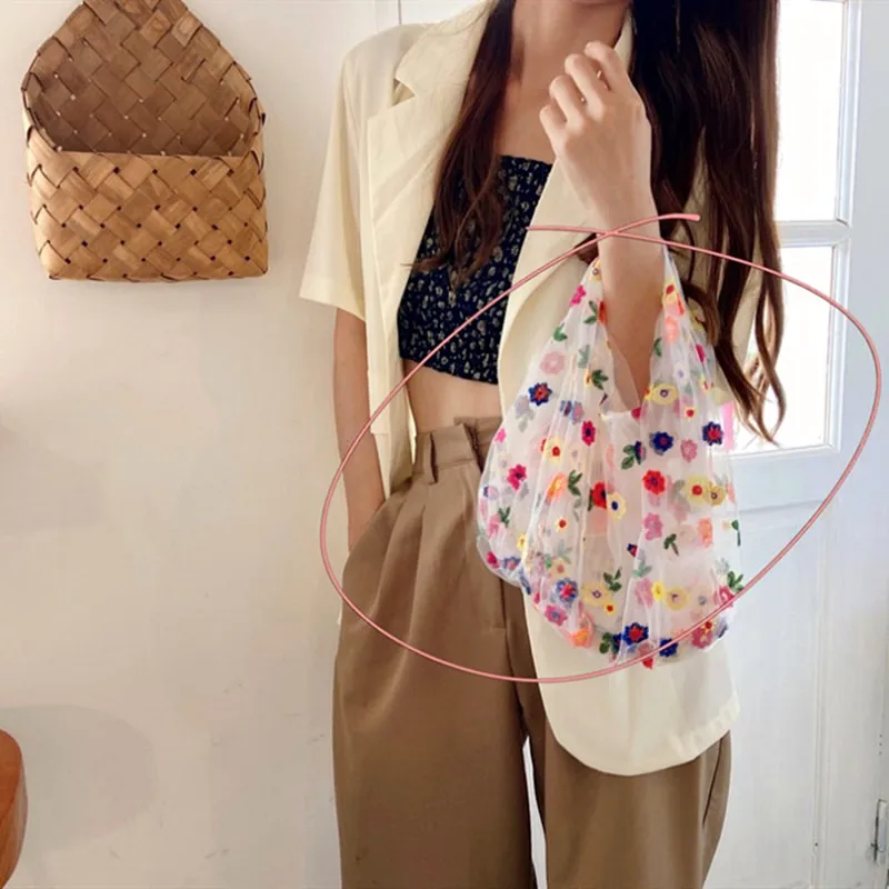 

Korea Ins Fashion Translucent Tulle Embroidery Flower Bag Floral Fairy Small Mesh Hand Bag Protection Convenient Shopping Bag