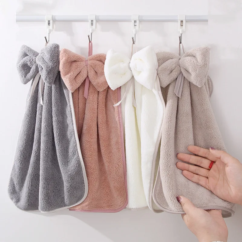 

Microfiber Coral Velvet Hand Towel Cute Bowknot Bath Towels Hanging Soft Wipe Dishcloths Cleaning Products for Bathroom Kitchen