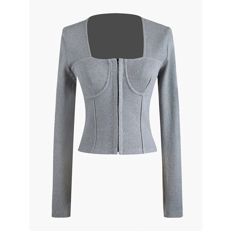 Женский свитер с квадратным воротником DEAT корейский тонкий однотонный вязаный