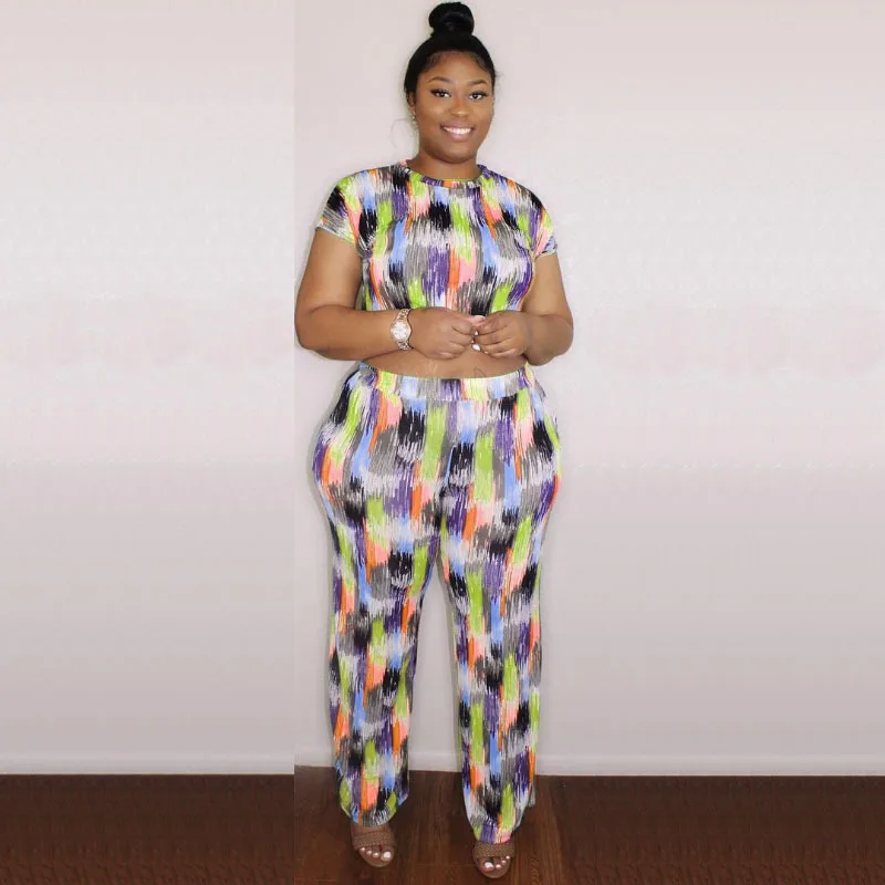 

Cutubly O-Neck Two Piece Pants Set Plus Size XL-5XL Women'S Two Piece Set Gradient Color Crop T-Shirt Top Trousers Sets Casual