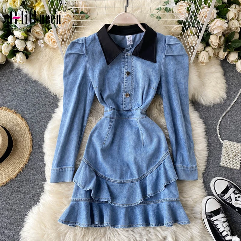 

2020 Autumn Women Puff Long Sleeve Turn Down Collar Ruffles Denim Dress Elegant Spring Casual Mini Jeans Party Dresses Vestidos