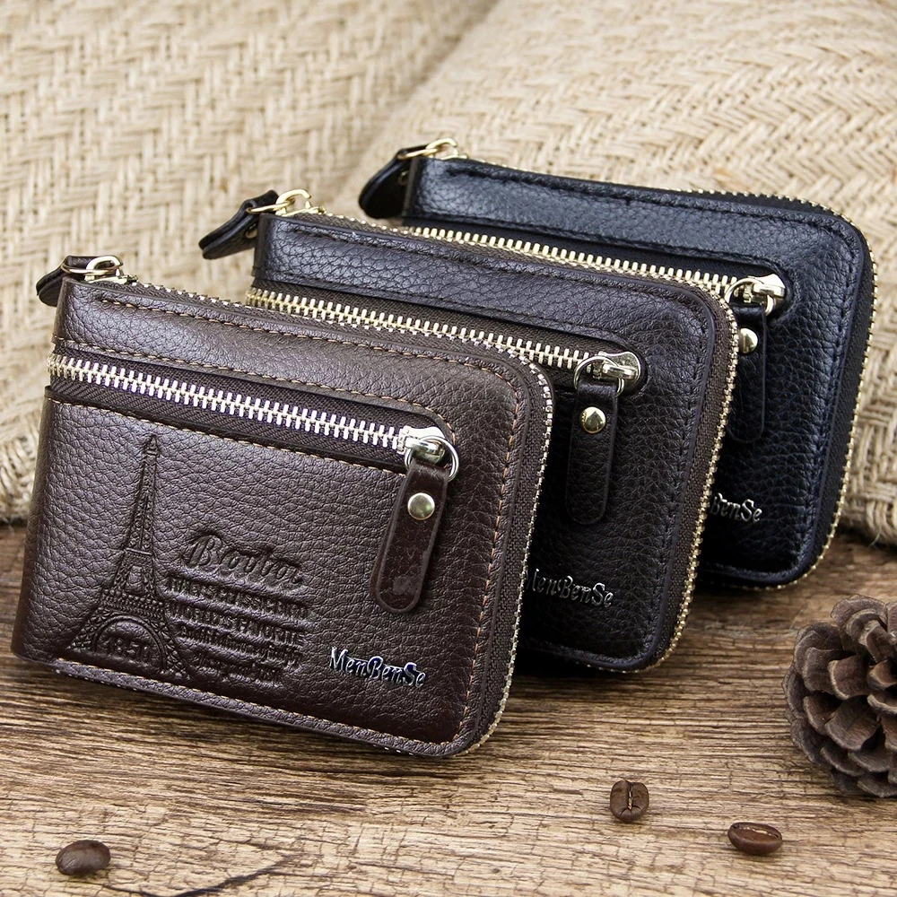 Men Leather Wallet Genuine Wallet Vintage Short Male Wallets Zipper Poucht Male Purse Money Bag  Card Holder Soft Purses