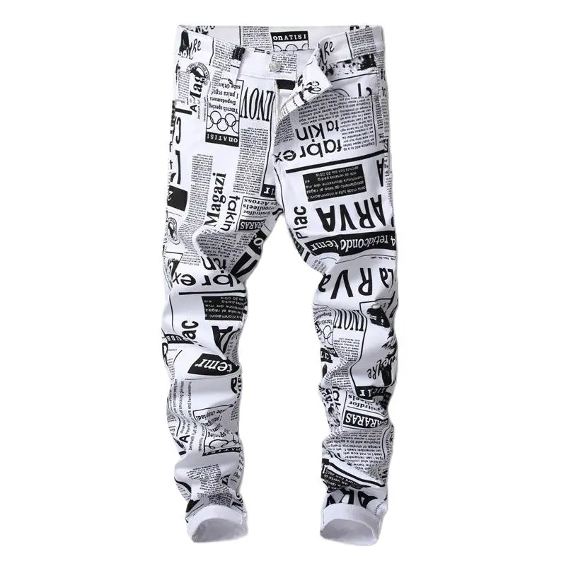 

Men's Jeans Youth Letter Print Casual White Stretch Pants