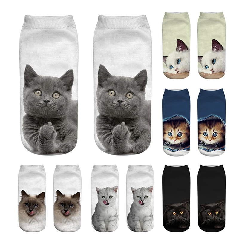

New 3D Print Funny Cute Cartoon Kitten Unisex Short Socks Creative Colorful Multiple Cat Face Happy Low Ankle Socks For Women