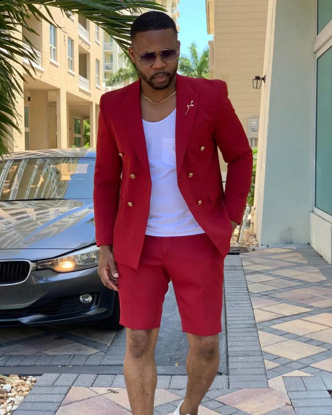 Red Men Suits Double Breasted Jacket Short Pants 2 Piece Summer Stylish Wedding Prom Casual Beach Slim Fit Groom Tuxedos Blazer