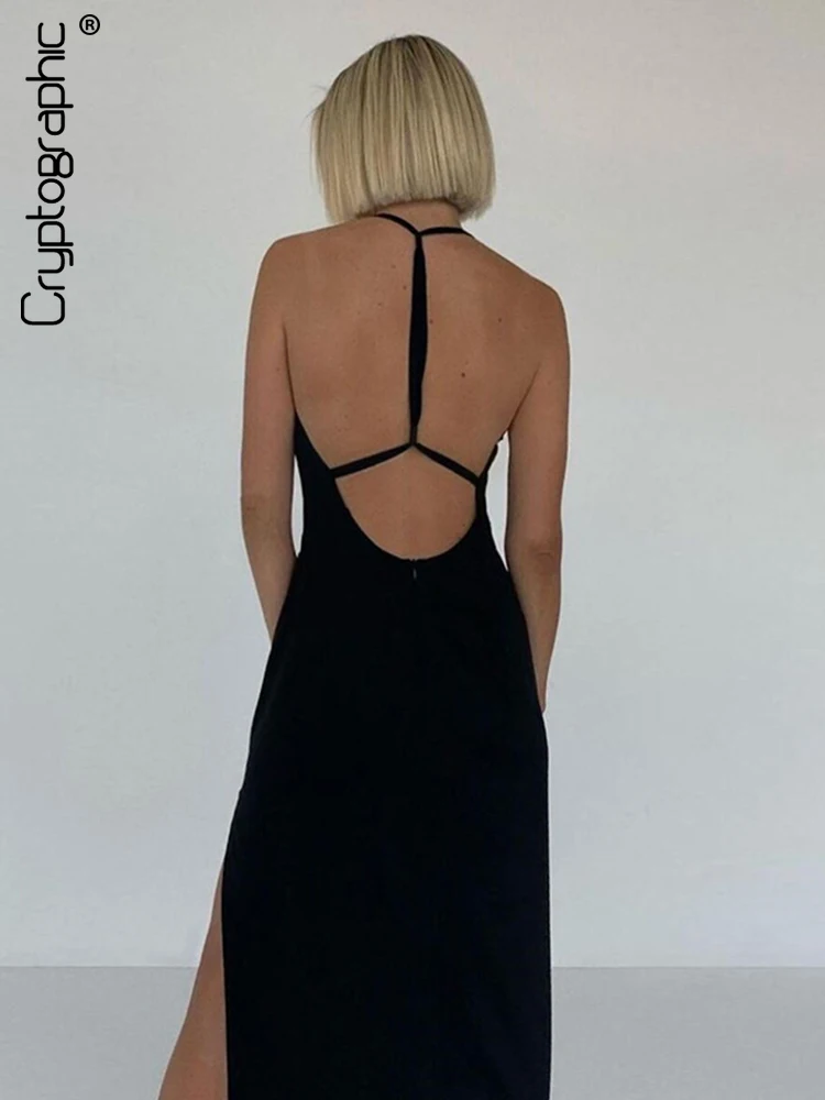 

Cryptographic Halter Sexy Backless Bandage Fringe Midi Dress for Women Elegant Sleeveless Club Party Black Dresses Clothes New