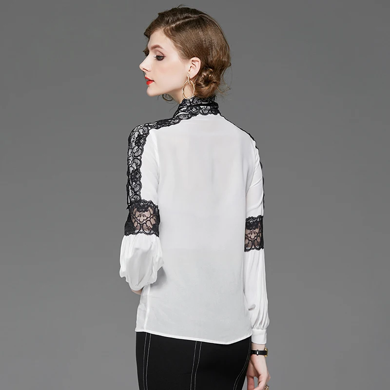 100% чистый шелк женские Подиумные рубашки воротник-бант длинные рукава кружева