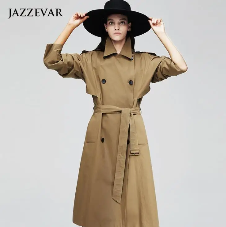 

long trench coat womens khaki grey 2021 spring autumn winter England double-breasted casual lace-up over-the-knee clothes