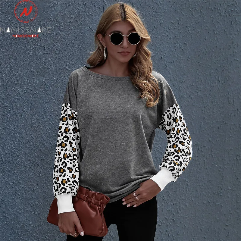

Fashion Women Casual Loose T-Shirts Color Matching Design O-Neck Long Sleeve Leopard Print Spring Autumn Pullovers Top