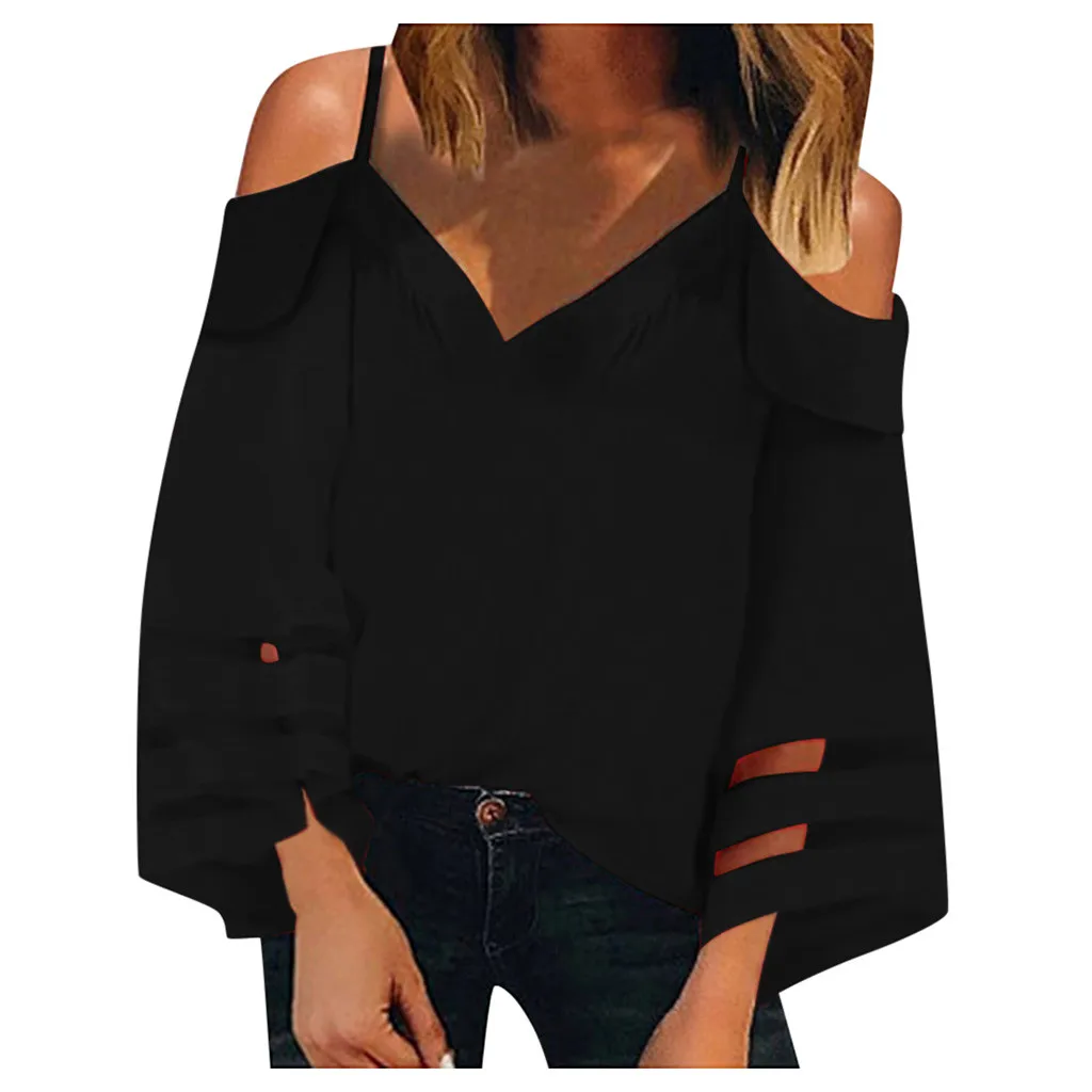 Feitong Sexy Blouse Women Off Shoulder Top Mesh Panel Blouse 3/4 Bell Sleeve Loose Streetwear Top Shirt Women Clothes