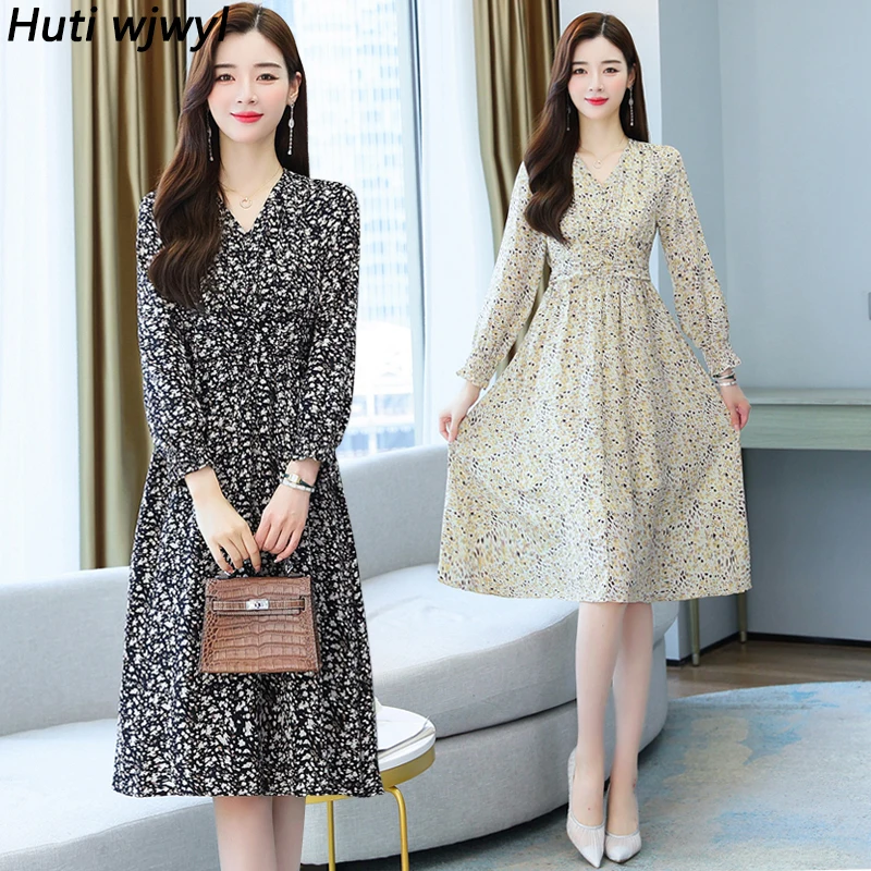 

2022 Elegant Women Party Vestidos Spring Autumn Black Vintage Casual Floral Chiffon Midi Dress Boho Beach Long Sleeve Robe Dress