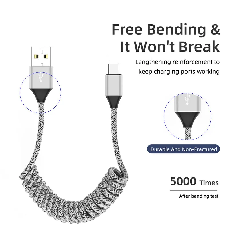 Выдвижной зарядный кабель с пружиной для синхронизации данных Тип C Micro USB гибкий