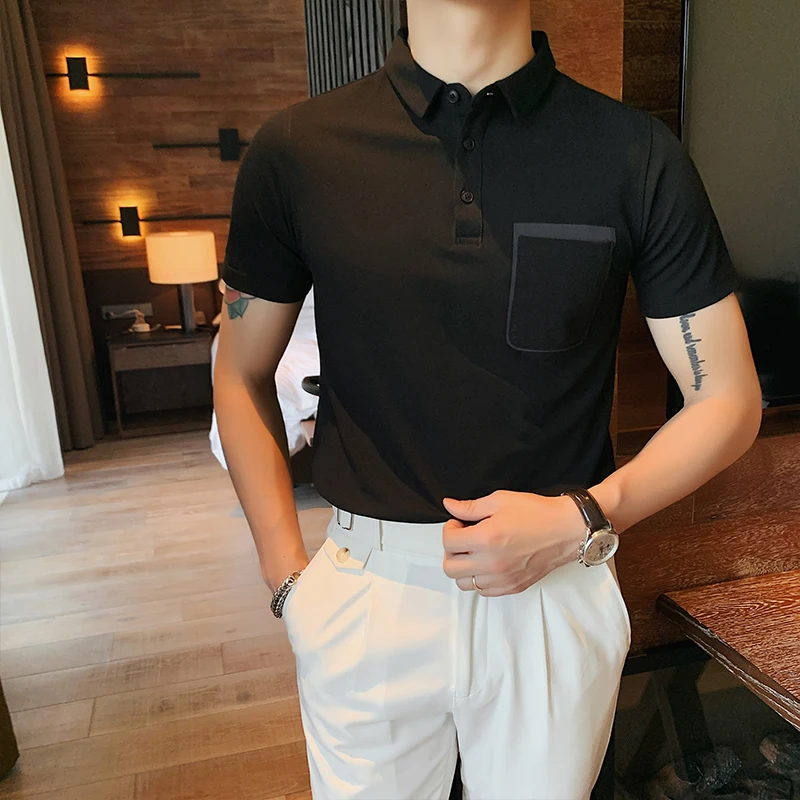 

2021 Summer Style Boutique Cotton Slim Men's Casual Business Short-sleeved POLO Shirt Men's Social Polo Shirt with Pocket Patch