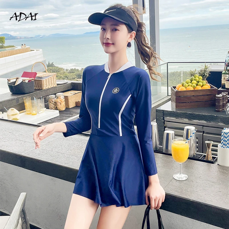 

Женские купальные костюмы, купальник 2021, слитный купальник с длинным рукавом и юбкой, черный милый Монокини, летний костюм, бикини, пляжная о...