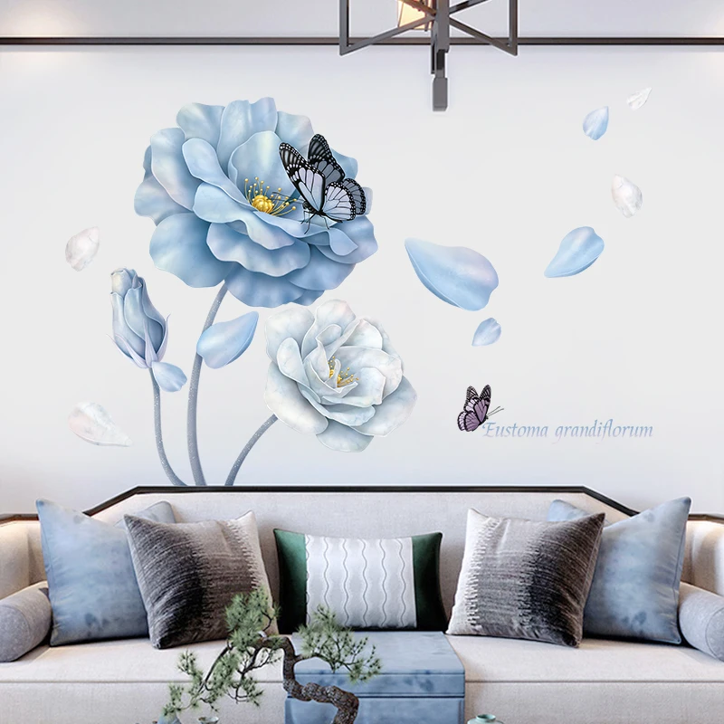 126*86cm Large Blue Flower Wall Stickers for Living room Bedroom Sofa Background Butterfly Vinyl Decal Eco-friendly Mural | Дом и сад