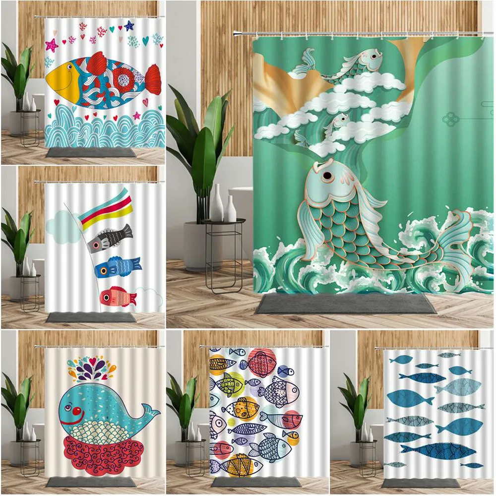 

Interesting Cartoon Fish Pattern Shower Curtain Art Illustration Background Bathroom Decoration Waterproof Bath Curtains Fabric