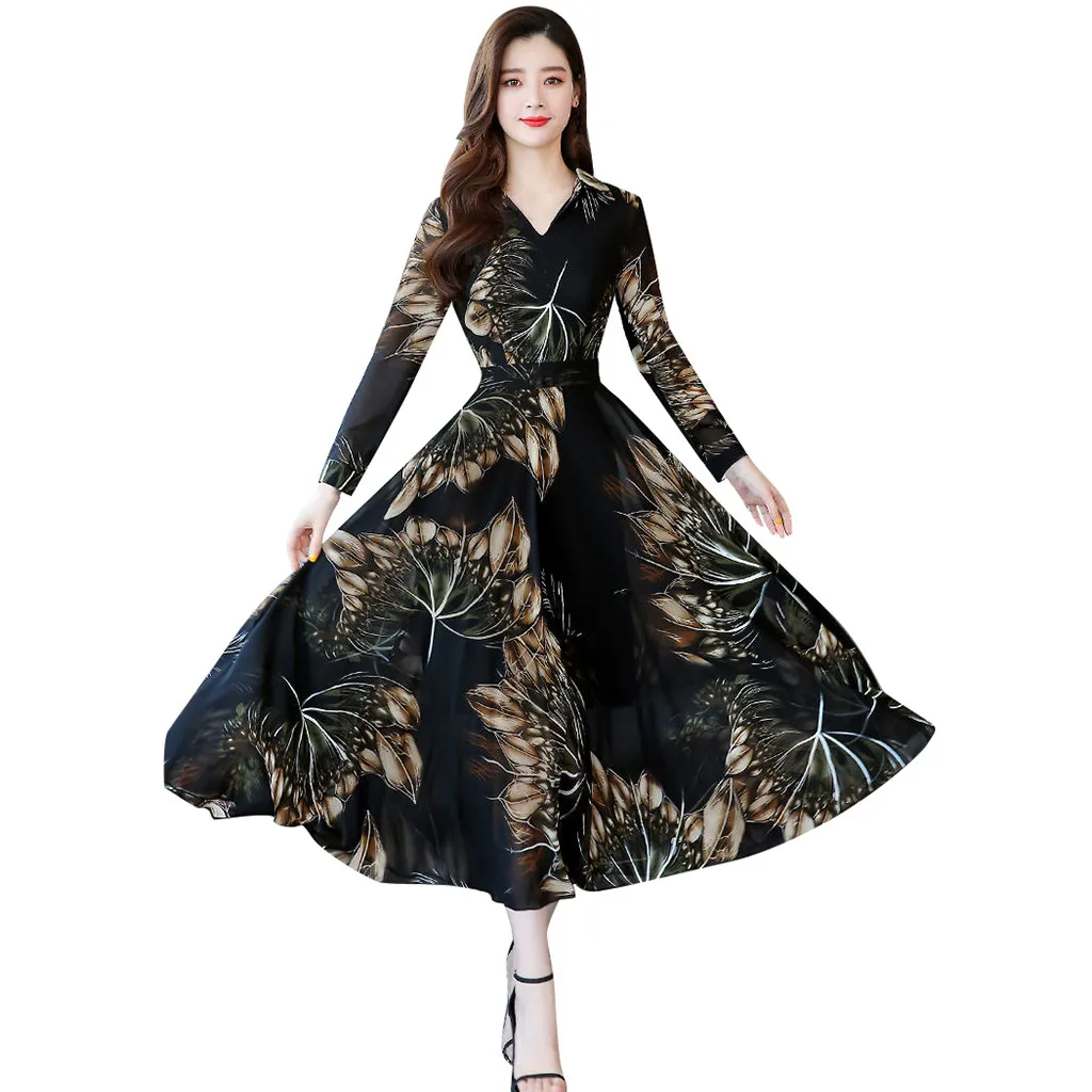 Женское платье с v образным вырезом и длинным рукавом элегантное А силуэта