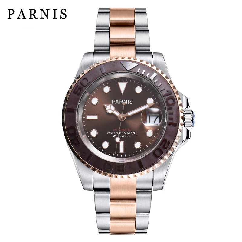

Parnis 40MM Dial Men Watch Rose Gold Stainless Steel Band Diver Miyota 8215 Luminous Calendar Automatic Mechanical Men's Watches