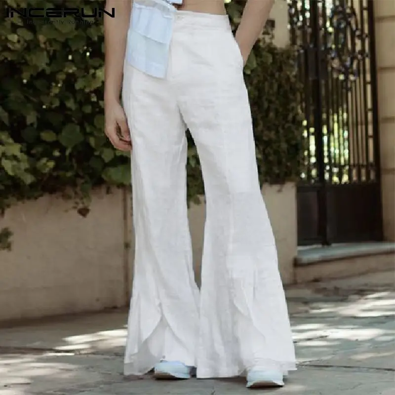 

Брюки-клеш мужские с завышенной талией, модные однотонные повседневные штаны с пуговицами, уличная одежда, свободные брюки с оборками, 5XL, ...