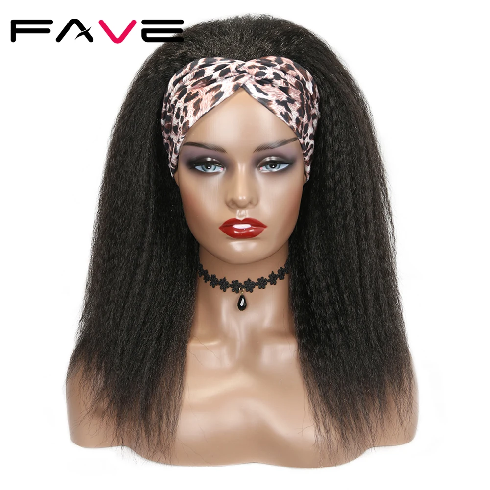 

FAVE Synthetic Kinky Straight Headband Wig With Scarf Fluffy Black Brown Purple Color Yaki Long Hair For Black Women Daily Party
