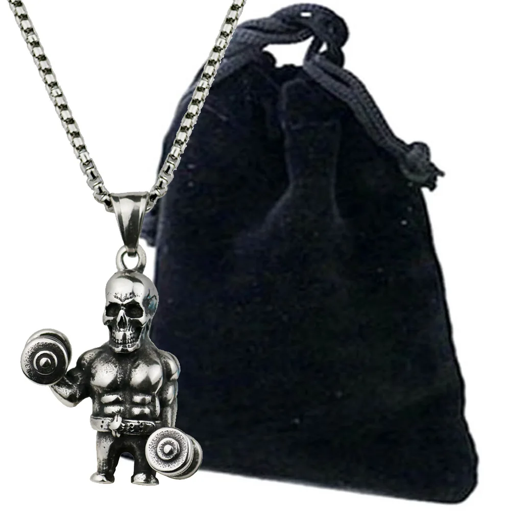 

Skull Dumbbell Pendant Necklace Stainless Steel Hip Hop Titanium Steel Pearl Chain Cross-Border E-Commerce Ornament Necklace