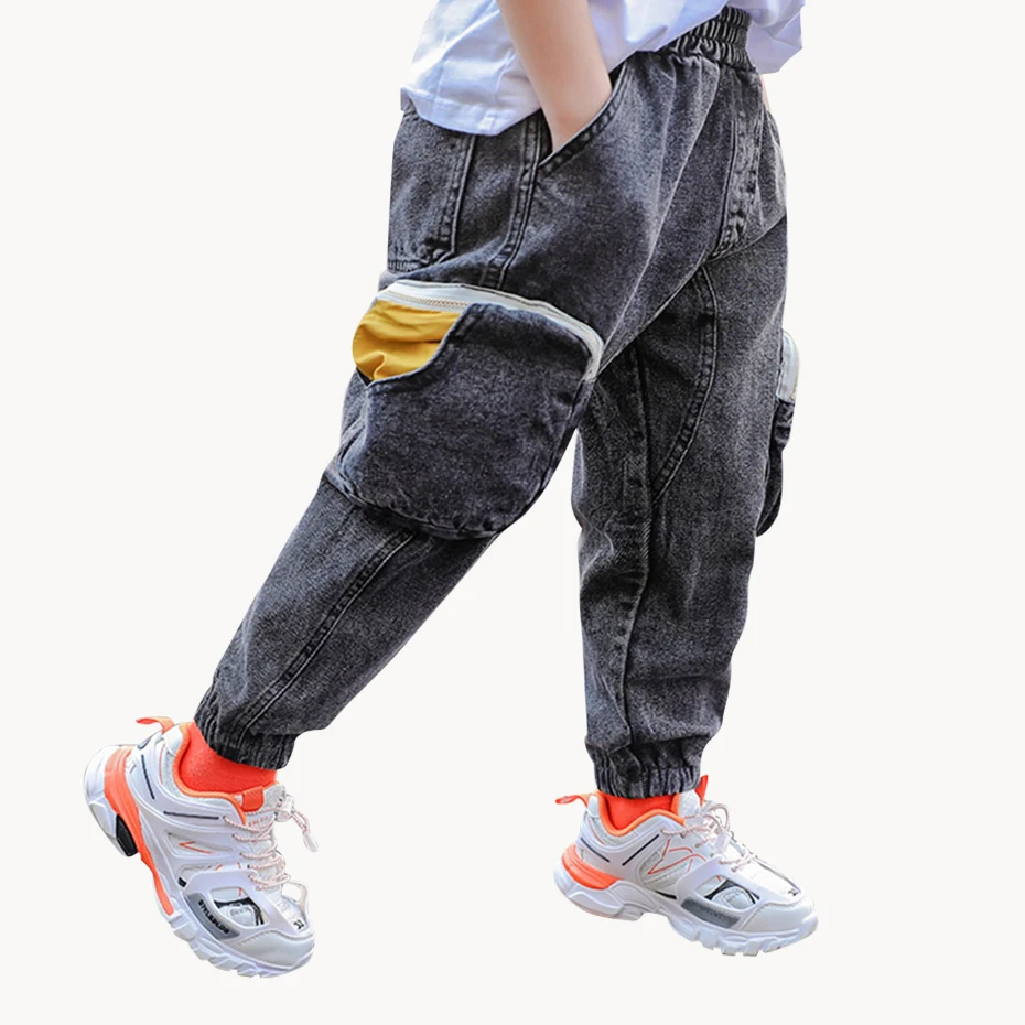 Джинсы для мальчиков детские джинсы в стиле пэчворк с карманами брюки карго