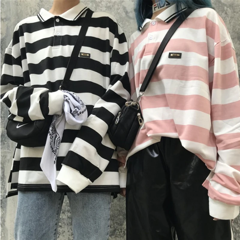 

2 Color New Autumn Retro Striped Women Sweatshirt Ulzzang Harajuku Bf Oversized Pullover Female Top Loose Long Sleeve Sweatshirt