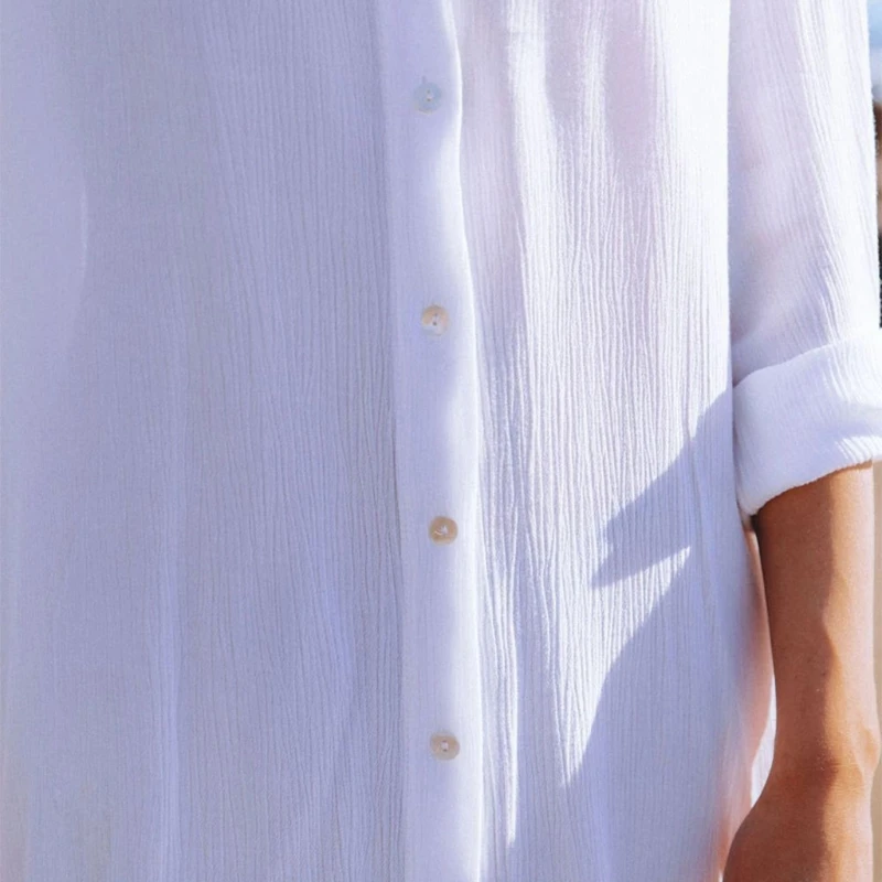 

Women Summer Long Sleeve Shirts Solid Color Beach Bikini Cover-Up Button Down Sexy Side Split Loose Blouse Tunic Tops