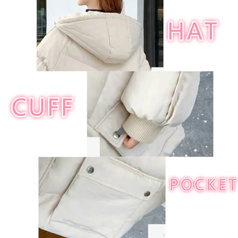 

Short Style Parkas Women Windproof with Hat Oversize Big Pockets Solid Chic Harajuku Stylish Simple Ulzzang Female Outwear Soft