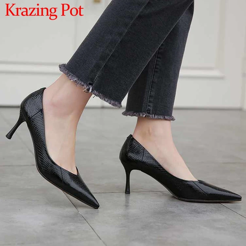 

Krazing Pot print genuine leather snake pattern pointed toe stiletto high heels office lady daily wear dress basic pumps L88