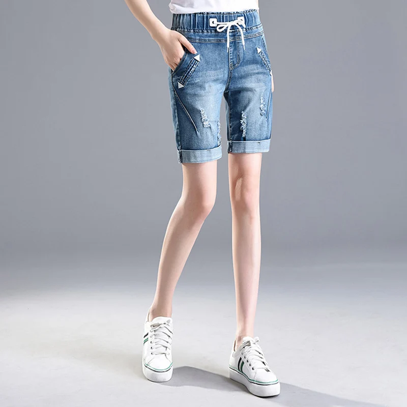 

Plus Size 6XL High Waist Denim Shorts Women 2021 New Summer Elastic Waist Jeans Shorts Femme Loose Hole Curling Shorts