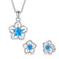 beautiful flower pendant necklace with earrings blue imitaiton fire opal jewelry set for women accessories wedding lover gift