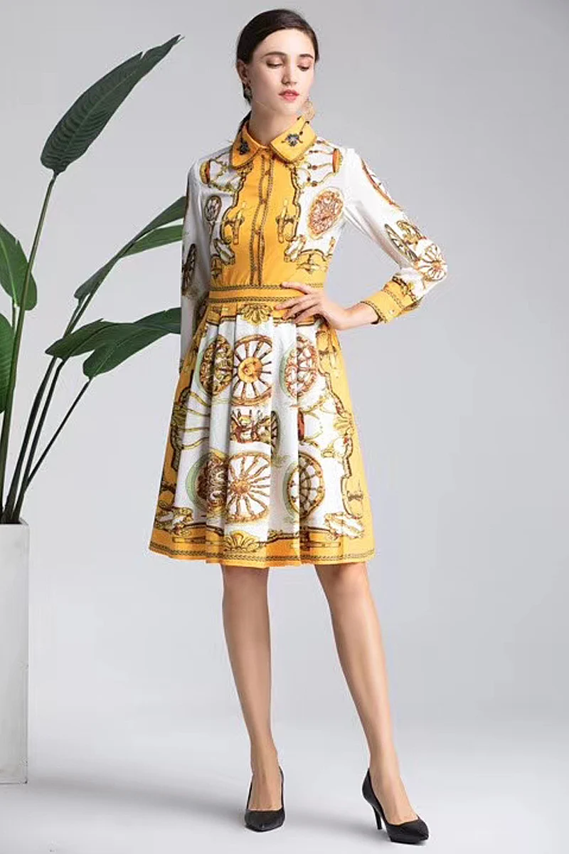 

High Quality 2020 Autumn New Style Women'S Fashion Vintage Elegant Chic Girls Crystal Diamonds Print Party Casual Dress