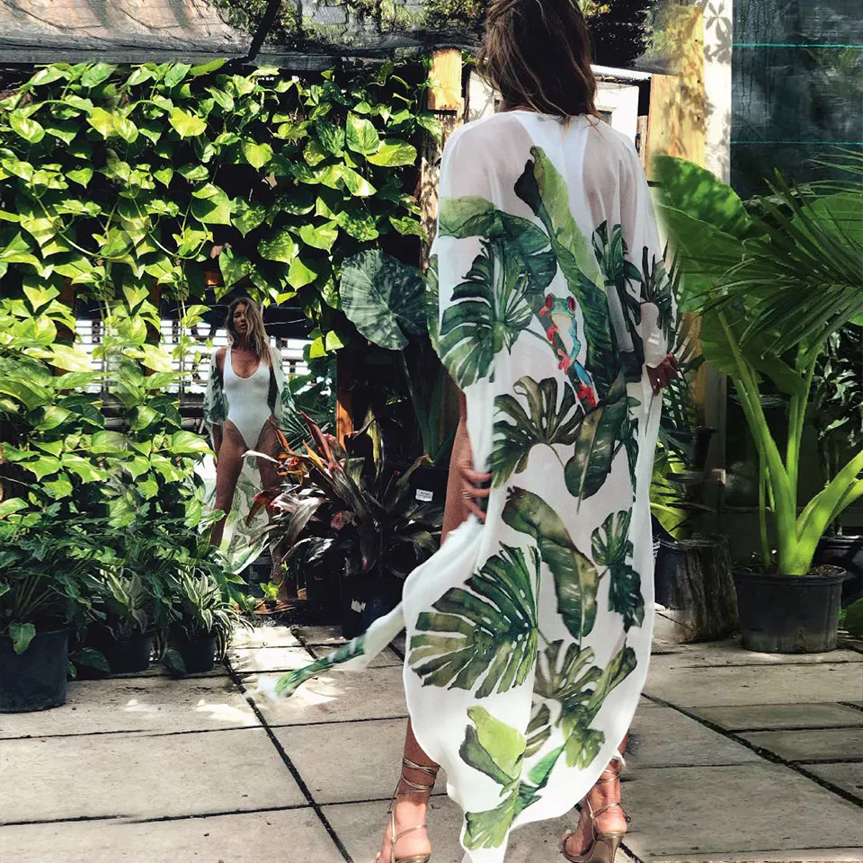 2021 Boho Leaves Print Chiffon Blouse Plus Size Long Kimono Dress Women Summer Tops Half Sleeve Top Women Ins Style Shirts A791