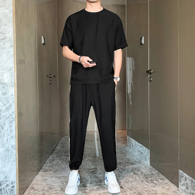 

Casual Suit Male 2021 Summer New Men's Trendy Brand Loose Ice Silk Short-sleeved T-shirt Young Men Outfit Set Two-piece Set