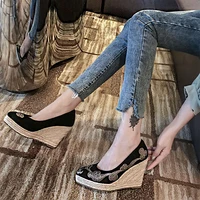2021 new wedges high heels for womens with embroidery pointed hemp rope weaving single shoes