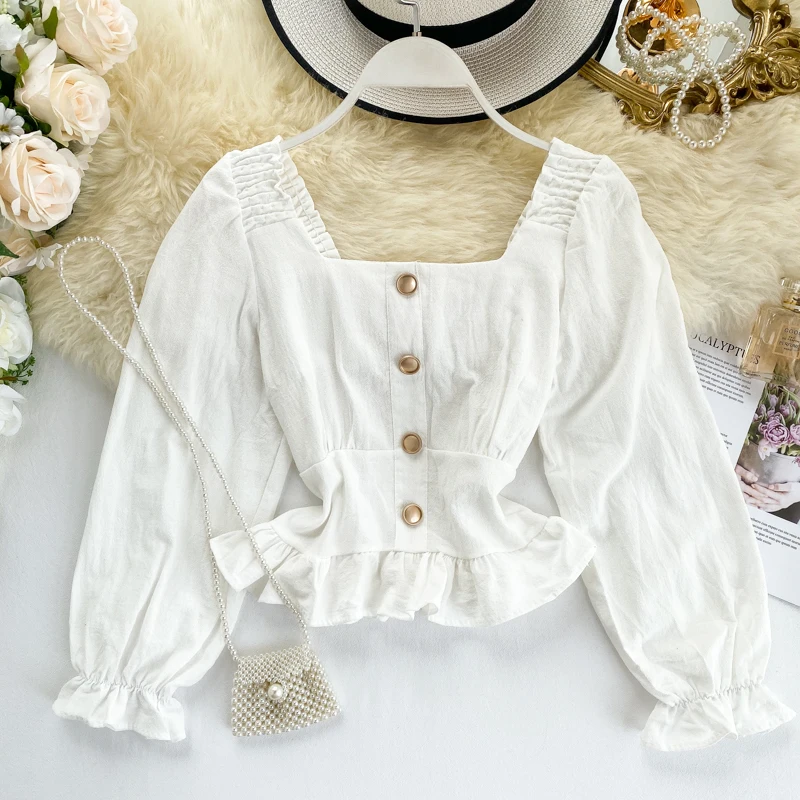 Женская рубашка с квадратным воротником осенняя блузка эластичным поясом в