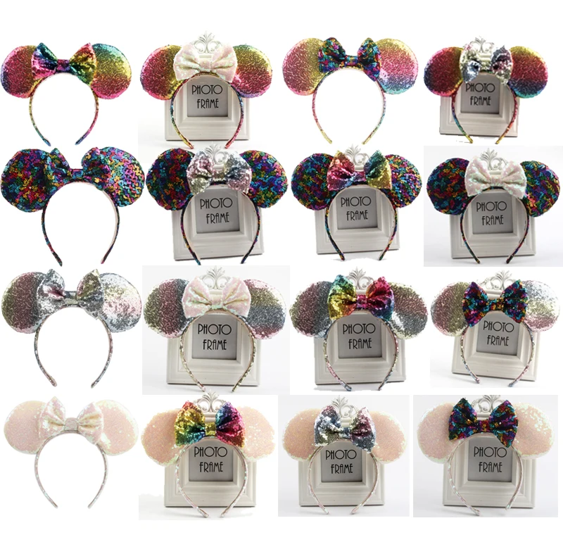 32 стиля Радужные Блестки повязка для волос девочек Минни блестящие уши бант