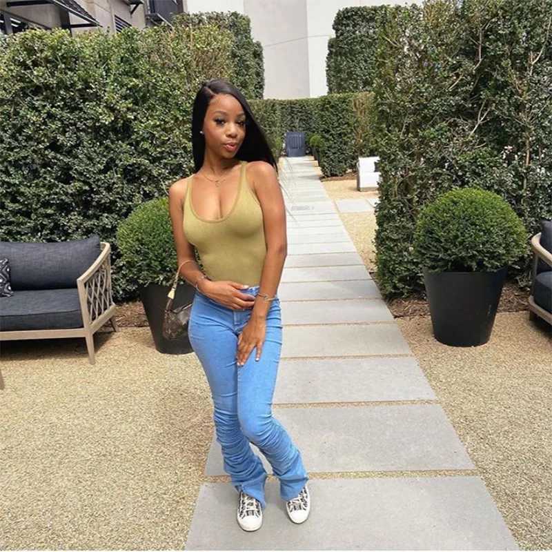 

New Women's Solid Color Casual Long Pants Pure Color Ruched Hem Floor Length Denim Trousers