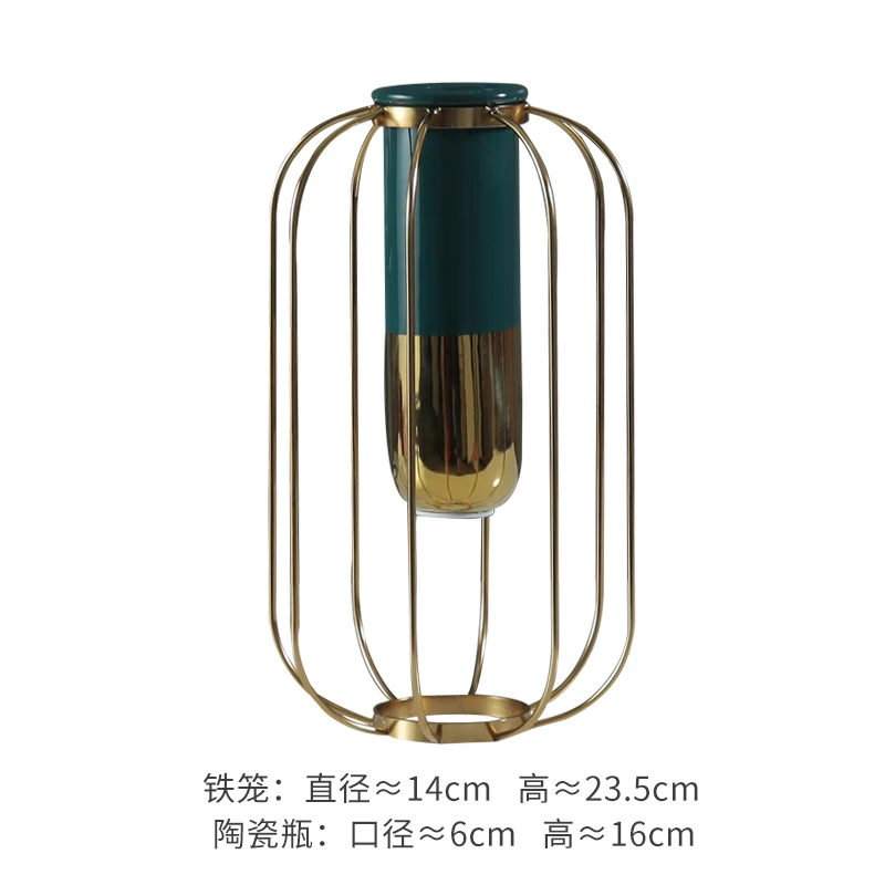 

Gold Luxury European Style Vase Round Metal Dried Flowers Home Office Accessories Vase Green Abstract Jarrones Ornaments EH50VA