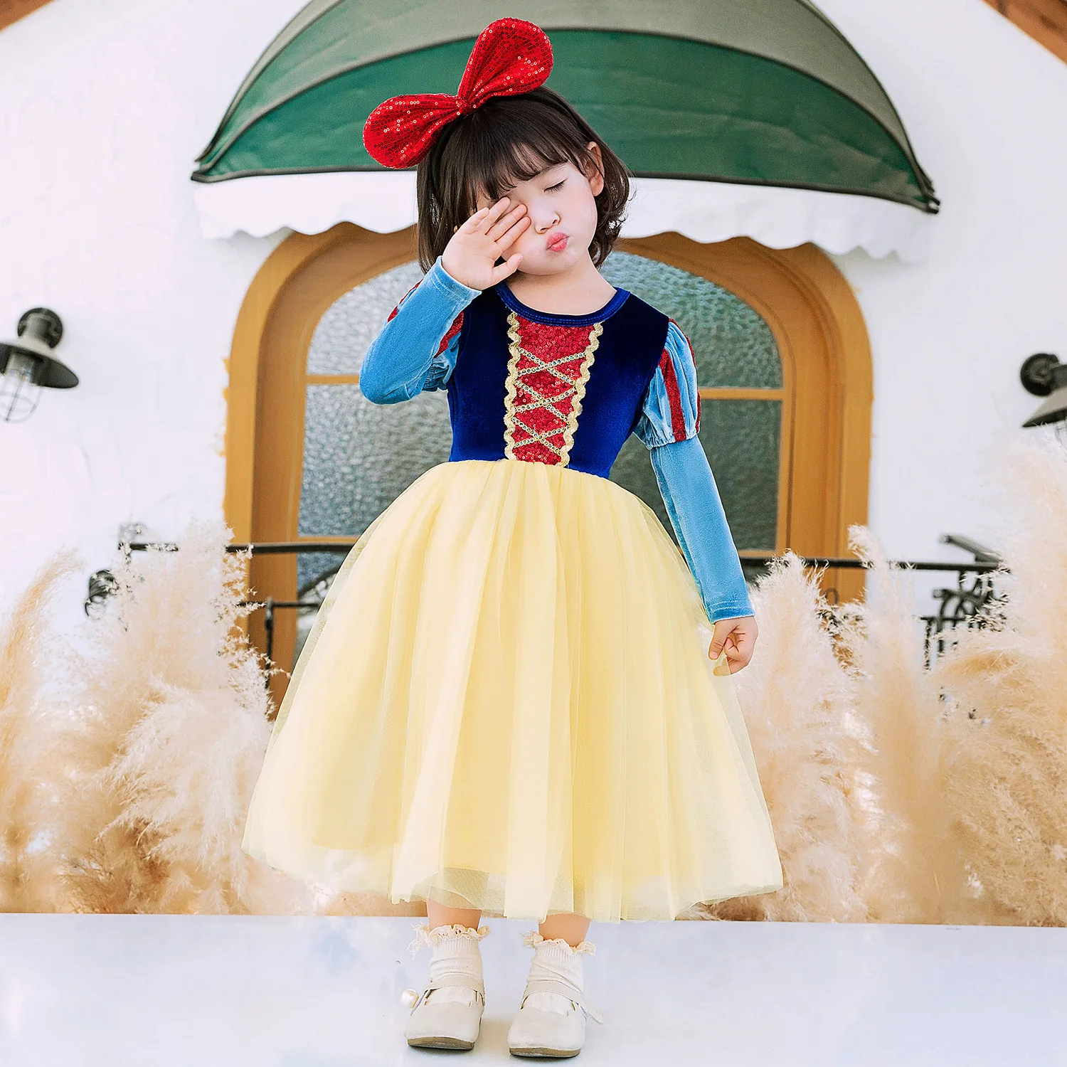 

PrettyGirl Wedding Dress Girl Princess Dress with Bow Tie Hair Band Children Costume Halloween Carnival Cosplay Dresses