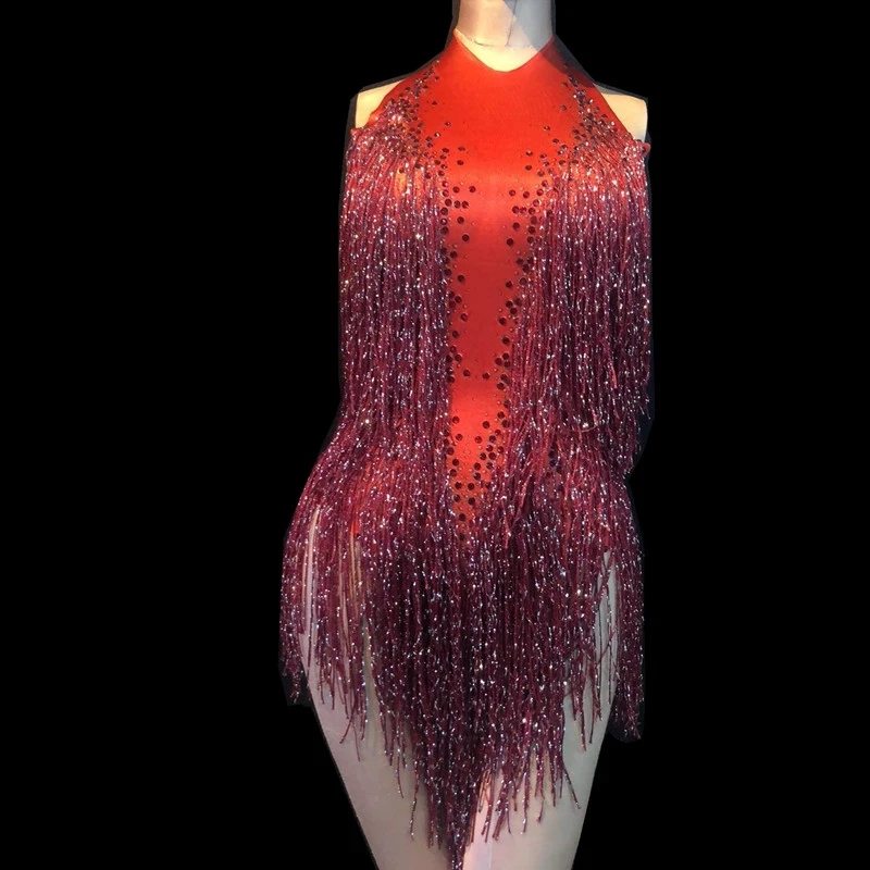 Женская мода винно-красные блестки кисточки тонкие сценические костюмы женские