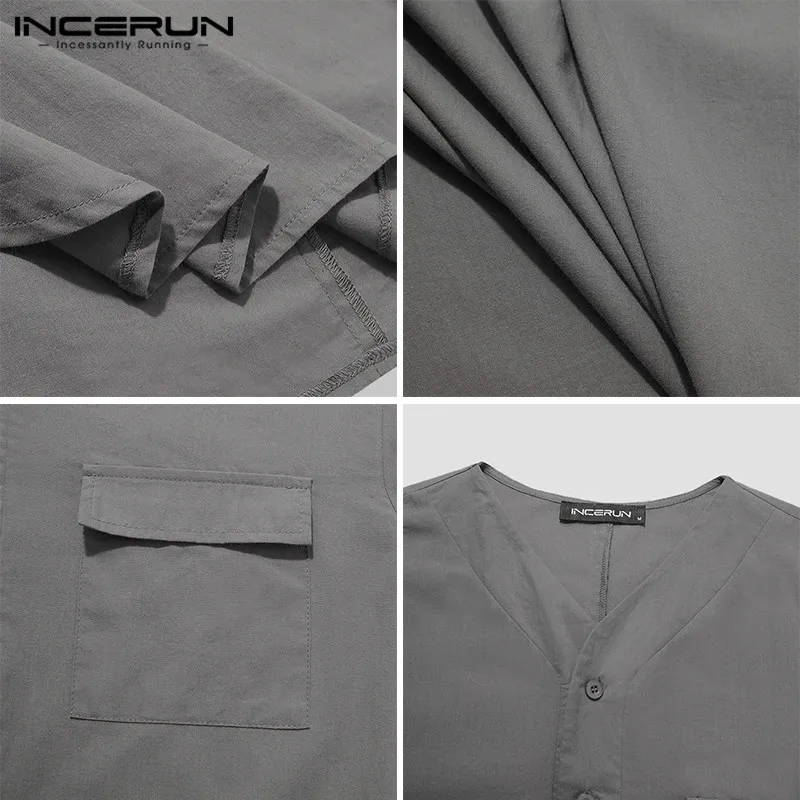 

INCERUN Long Sleeve V Neck Breathable Nightgown Men Leisure Solid Color Bathrobes Man Button Sleep Robes Casual Cotton Sleepwear